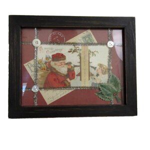 Victorian Christmas VTG Postcard Framed Wall Decor 8.5"x10.5" Santa Claus Tinsel